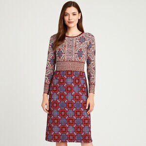 Maggy London Boho Mosaic Patchwork Print Midi Dress Long Sleeve  Size 8 NWOT